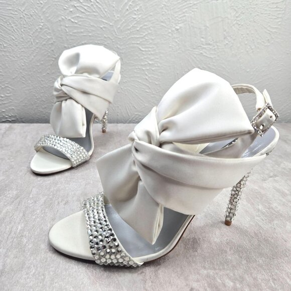 Vera Wang Shoes - Vera Wang Large Bow Stilettos Rhinestone White Satin Formal High Heels  Pumps